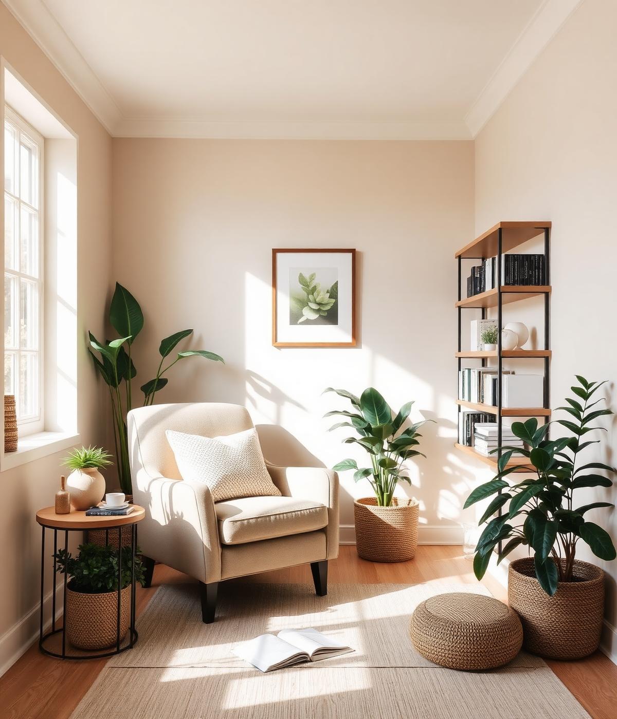 A serene clean reading nook bathed in natural light